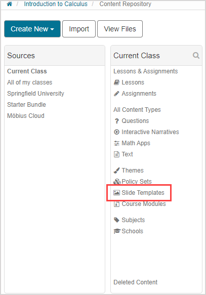 Slide Templates is the eleventh option in the Current Class pane.